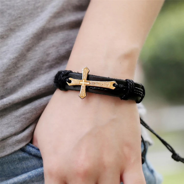 

Wholesale Vintage Braided Cross Leather Cross Bracelet Christian Bible Bracelets For Men, Picture