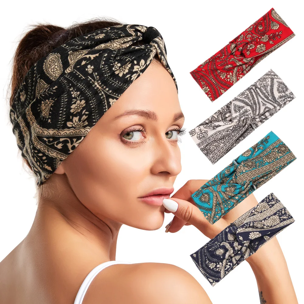 

Floral Flower Hair Accessories Bohemian Printed Hair Bands Fabric Wide Edge Cross Twisted Headbands For Women