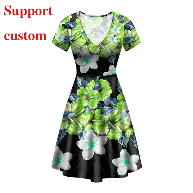 

Custom Casual Women Dresses V Neck Polyensian Tirbal Background Design Gorgeous Hibiscus Flowers Oil Paint Printing Maxi Dresses, Shown