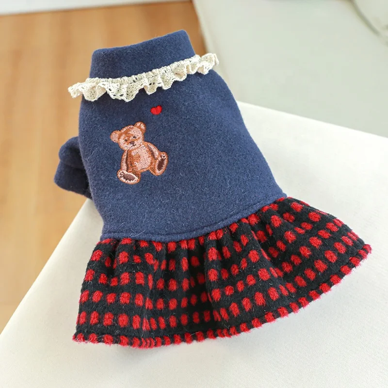 

Winter Warm Puppy Dress Thicker Tweed Small Dog Shirtdresses Plaid Cute Dogs Clothes