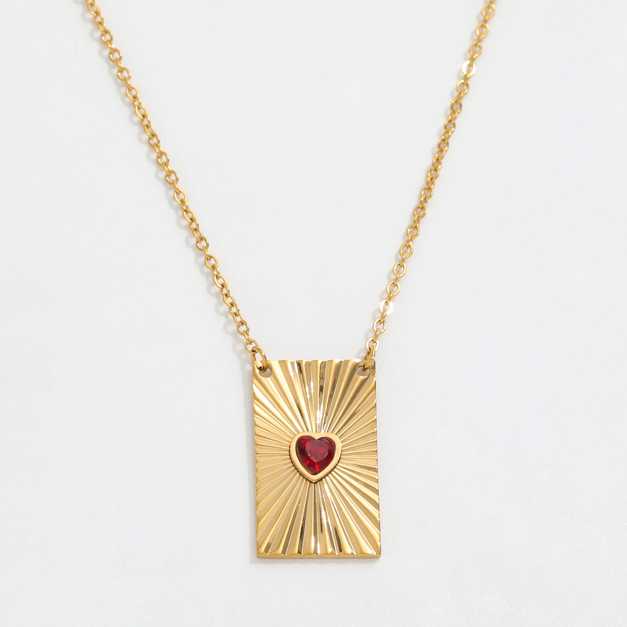 

JLN0222 Joolim 18K PVD Gold Plated Waterproof Delicate Red Ruby Heart Diamond Rectangle Burst Stainless Steel Pendant Necklace