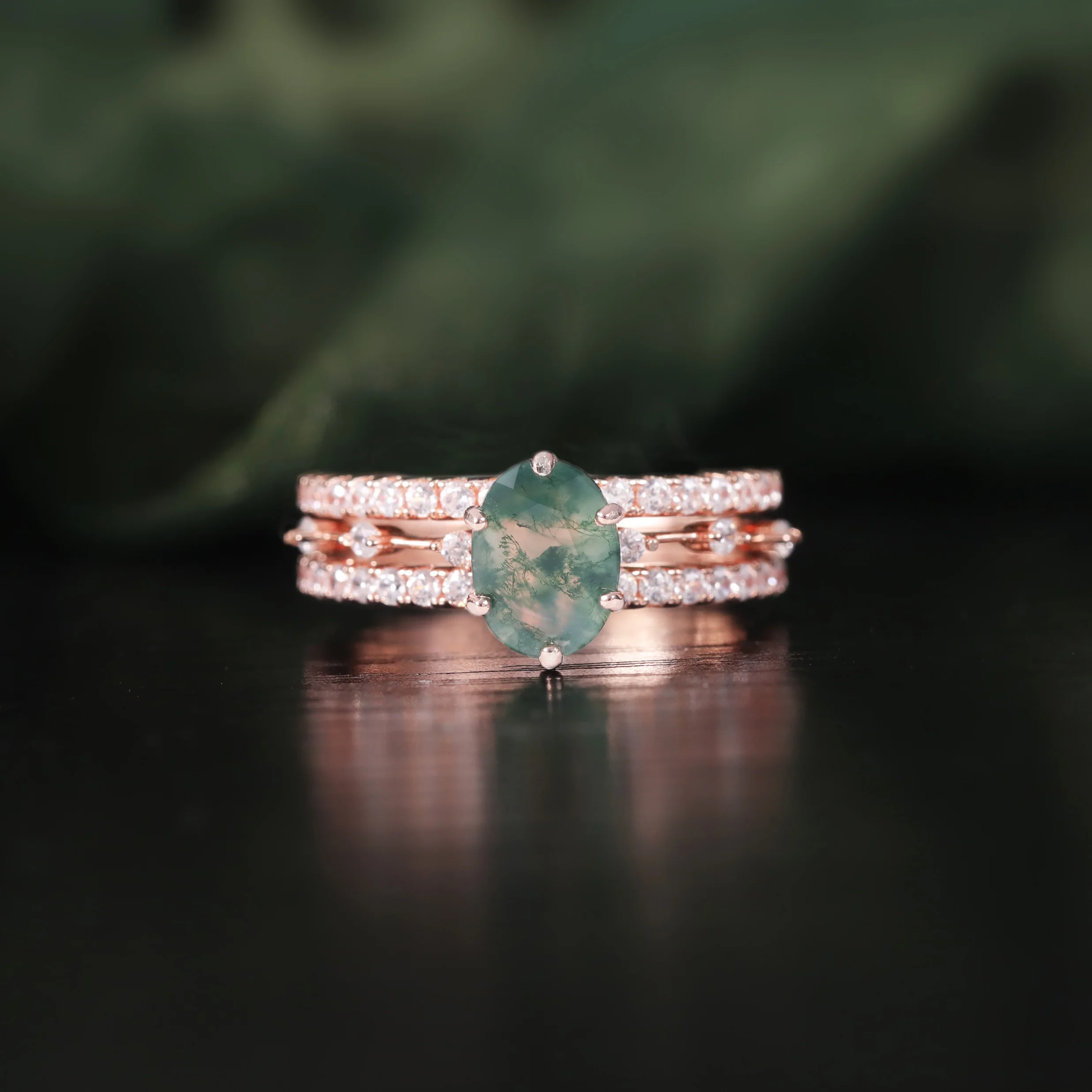 

Abiding Fine Jewelry Custom Oval Natural Green Moss Agate Gemstone 925 Sterling Silver Women Engagement Wedding Ring Sets