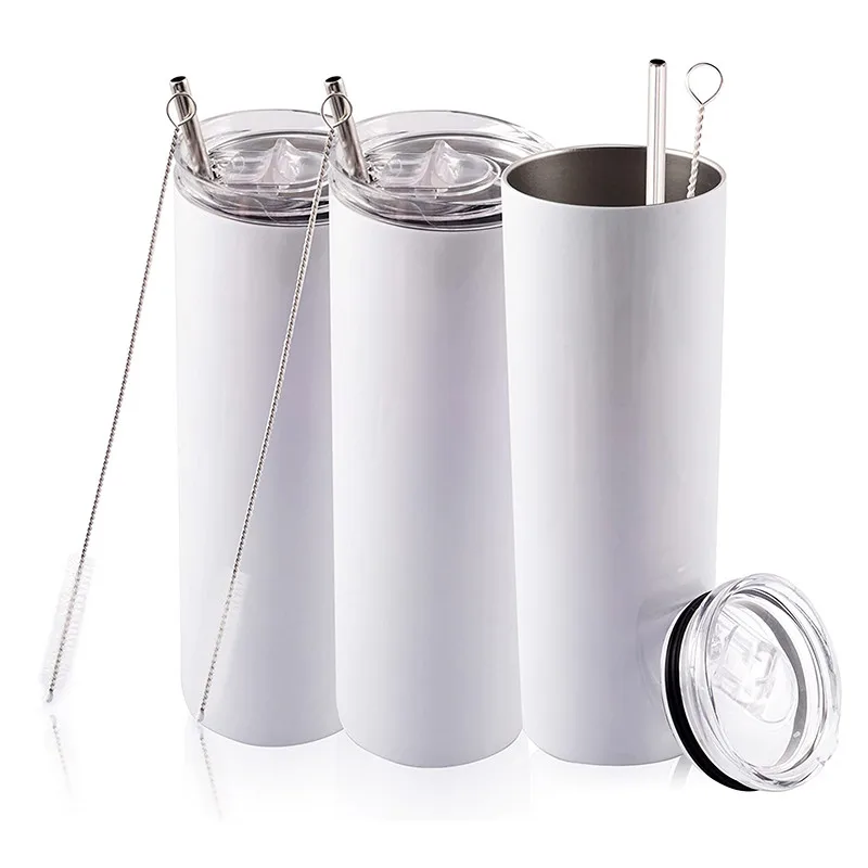 

20oz 20 oz Skinny Straight Powder Coated Colored Sublimation Blanks Insulated Drink Cup Mug Tumbler With Metal Straw and Brush, White tumbler for sublimation
