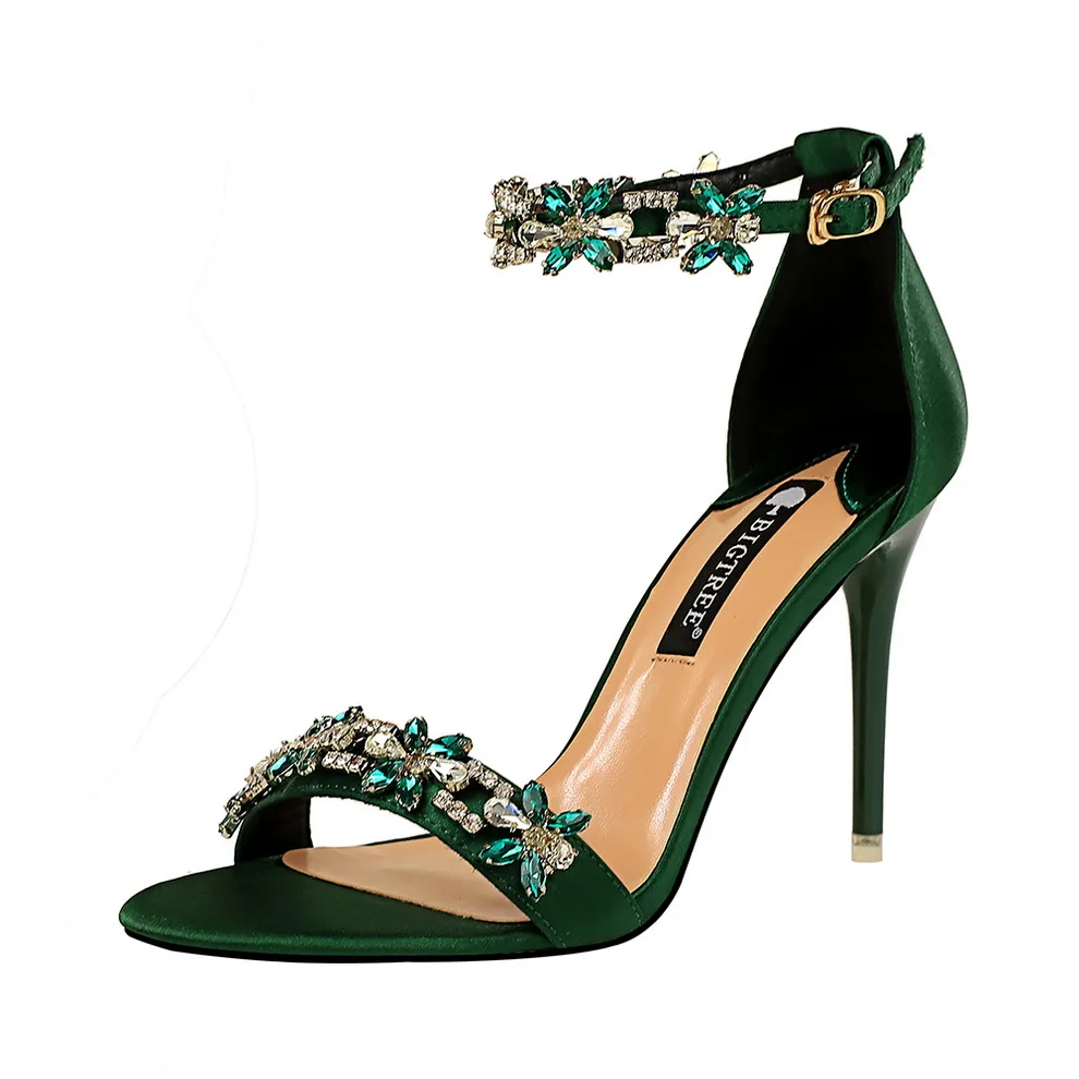 

368-1 BIGTREE fashion sexy banquet High heels Silks and satins open-toed diamond Women's shoes A word with sandals