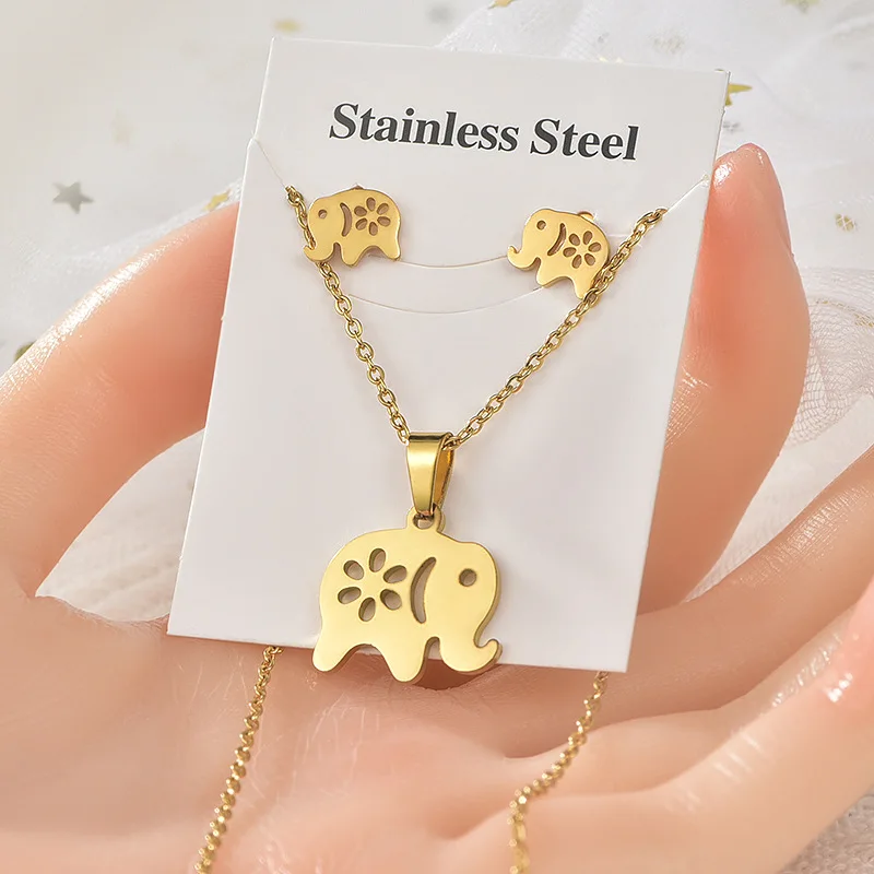 

New Animal Flower Butterfly Stainless Steel Pendant Necklace Sets For Women Gold Color Chain Necklace Earrings Jewelry Gifts