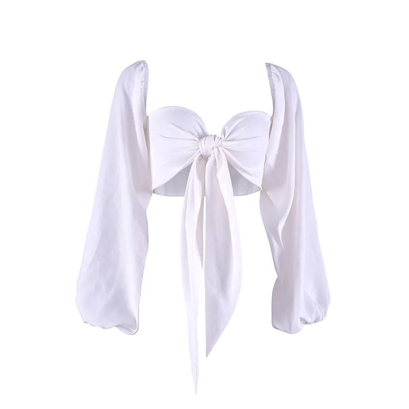 

Fashion ladies crop top 2020 long Lantern sleeves white women blouse