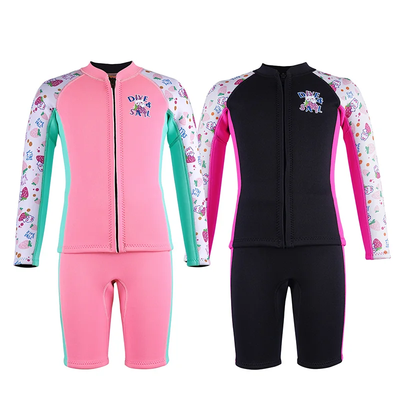 DIVE&SAIL UPF50+ Neoprene 2.5mm Long Sleeve Split Short Pants Front Zipper Girls Kids Diving Wetsuit for Swimming
