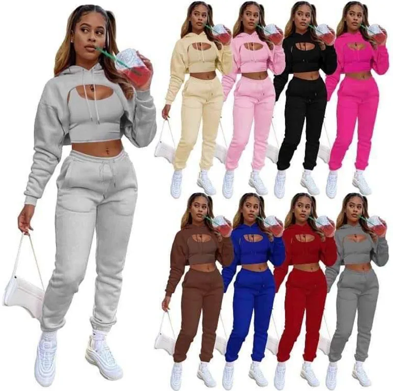 

New Fall Winter Women Sweatsuit Set Tracksuit Women Hoodies Set Hollow Out 3 Piece Sweatsuit Jogging Set For Women, 9 colors