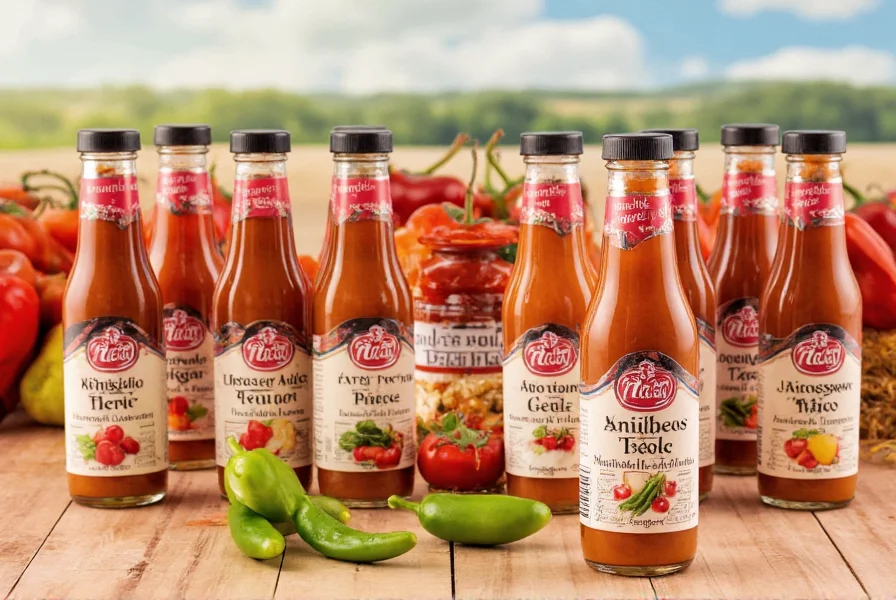 Aldi Specially Selected Ancho Chili Pepper Sauce bottle next to fresh jalapeño peppers on wooden cutting board