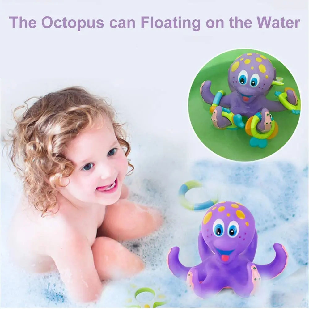 
Octopus Bath Toy with 5pcs Hoopla Rings Floating Purple Soft Rubber Interactive Kids Bathing Toy 