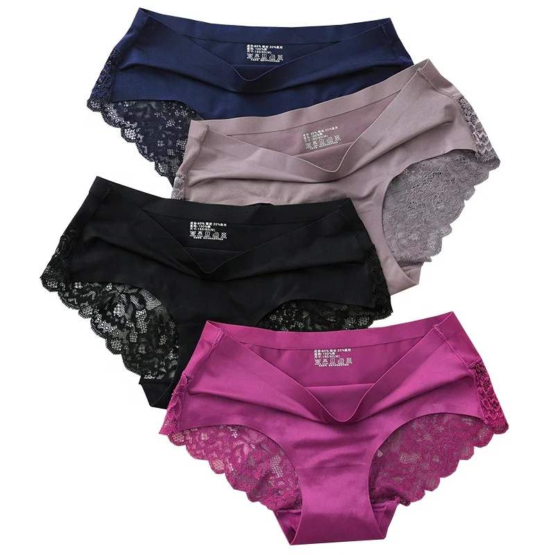 

1801 Ladies Sexy Satin Ice Silk Briefs Underpants Women Seamless Lace Panties, 6 colors: black, nude, wine red, brown, pink, blue