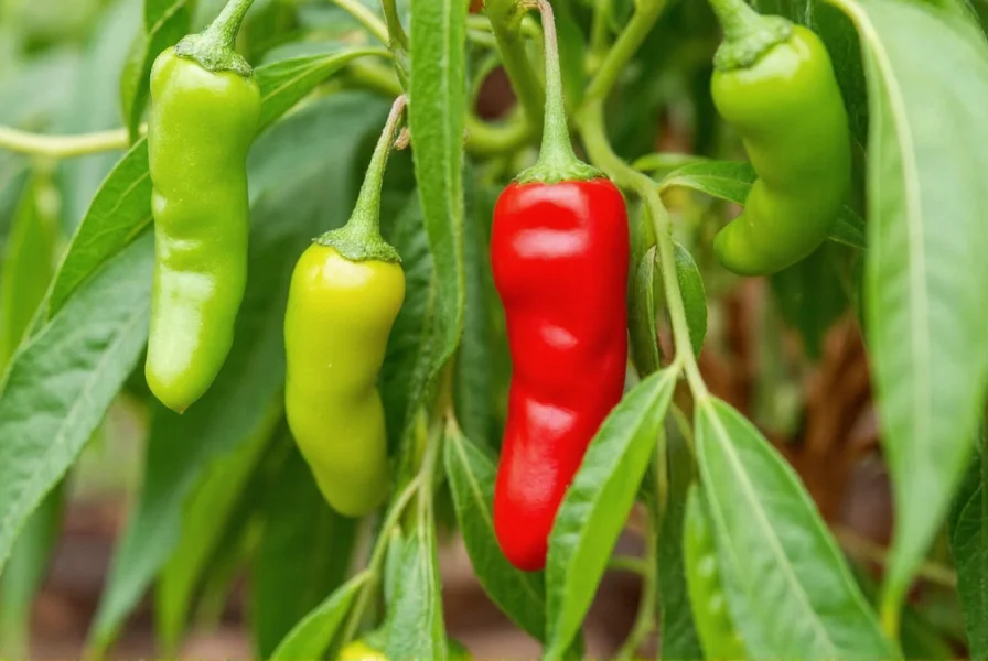 Close-up of Cali Wonder pepper plants showing various stages of ripeness from green to red on the vine