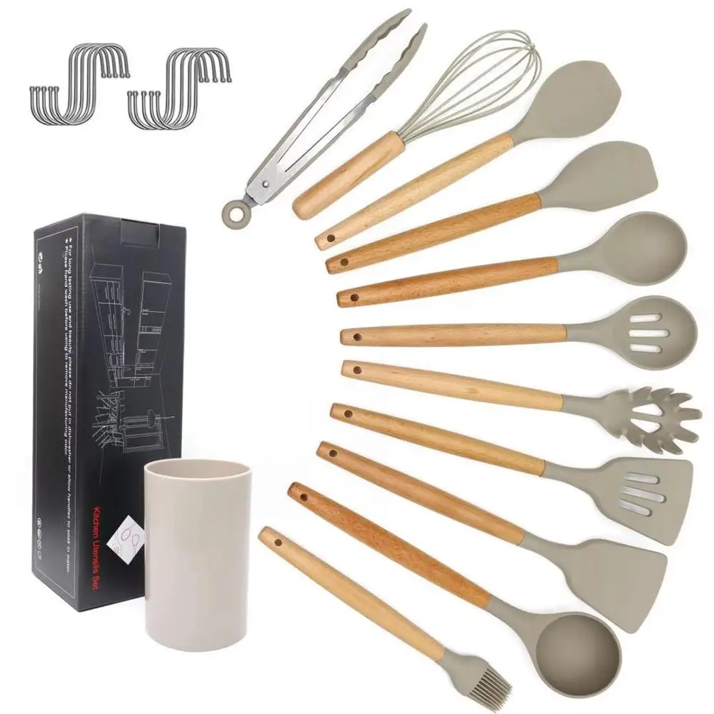 

Silicone Cooking Utensil 11PCS Kitchen Utensil Set Wooden Cooking Utensil Set, Sliver/blue/khaki