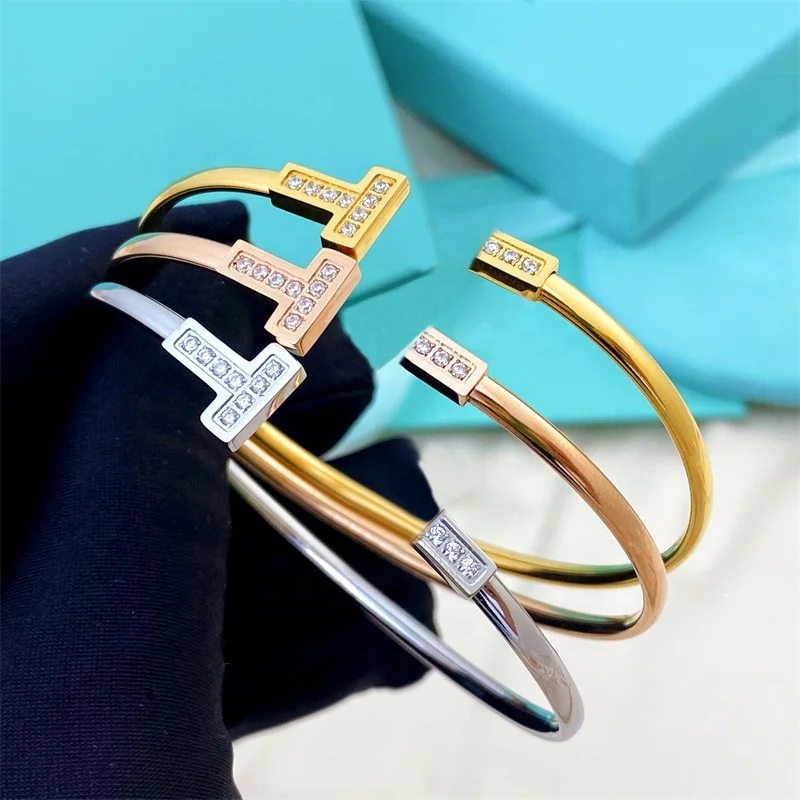 Custom Wholesale Double T bracelet Jewelry Women Adjustable Open AAA Zircon CZ Bangles 18k Gold Plated Cuff Coil Bracelets