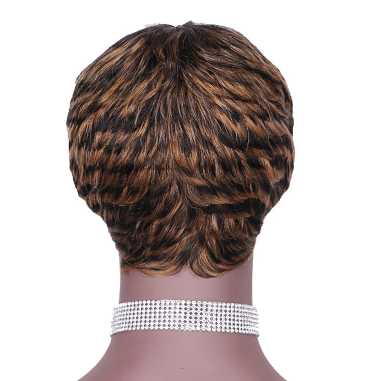 Pelucas de cabello humano corto con unicornio de color marrón degradado sin mezcla de encaje.jpg