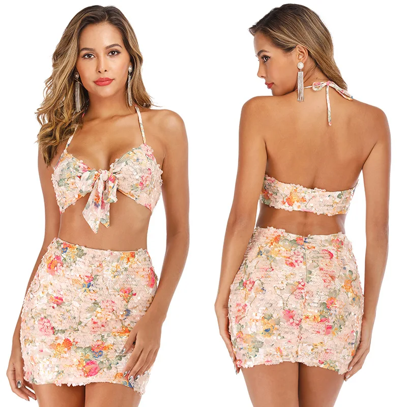 

2020 New Arrival spring summer spaghetti strap twp pieces sequin Bodycon club women ladies mini dresses