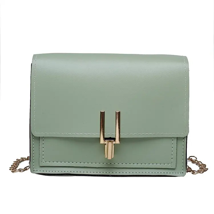 

Wholesale cheap plain green pu leather women chain shoulder bag simple design hand purse handbag for lafies