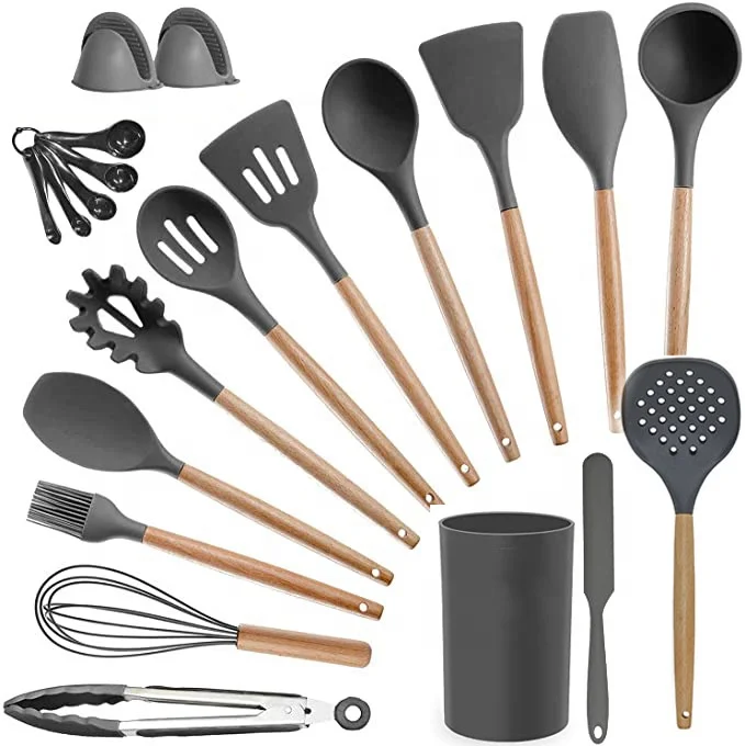 

Eco friendly kitchen accessories Silicone kitchenware Utensil Set 21pcs/set Silicone cooking tools with wooden handle.