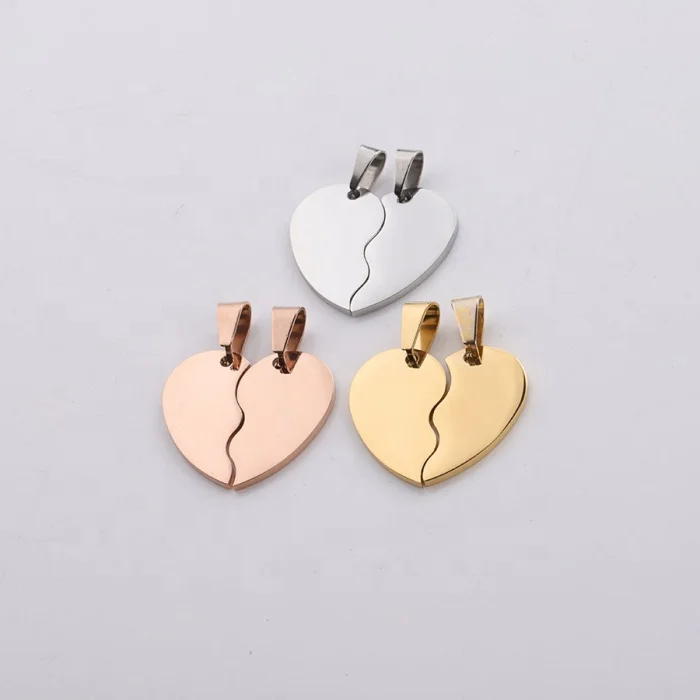 

Custom engrave broken heart shape love romantic style silver gold roe gold color stainless steel gold heart pendant for couple