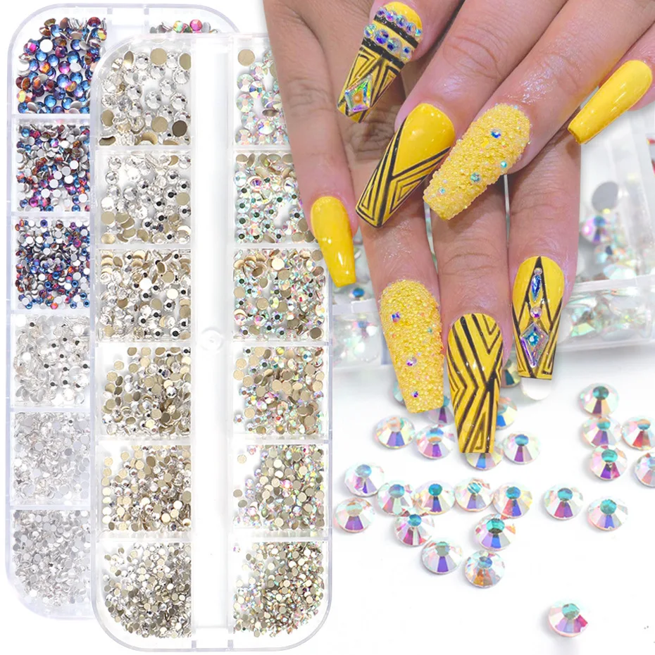 

Misscheering Multi-size Flat Bottom Glass Nail Rhinestones Decorations Crystal 3d Manicure Nail Art Combinated Box Kit, Crytal