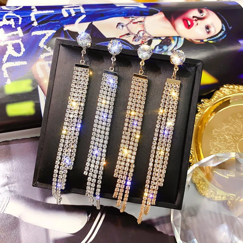 

fashion trendy drop gold plated statement crystal fringe earrings