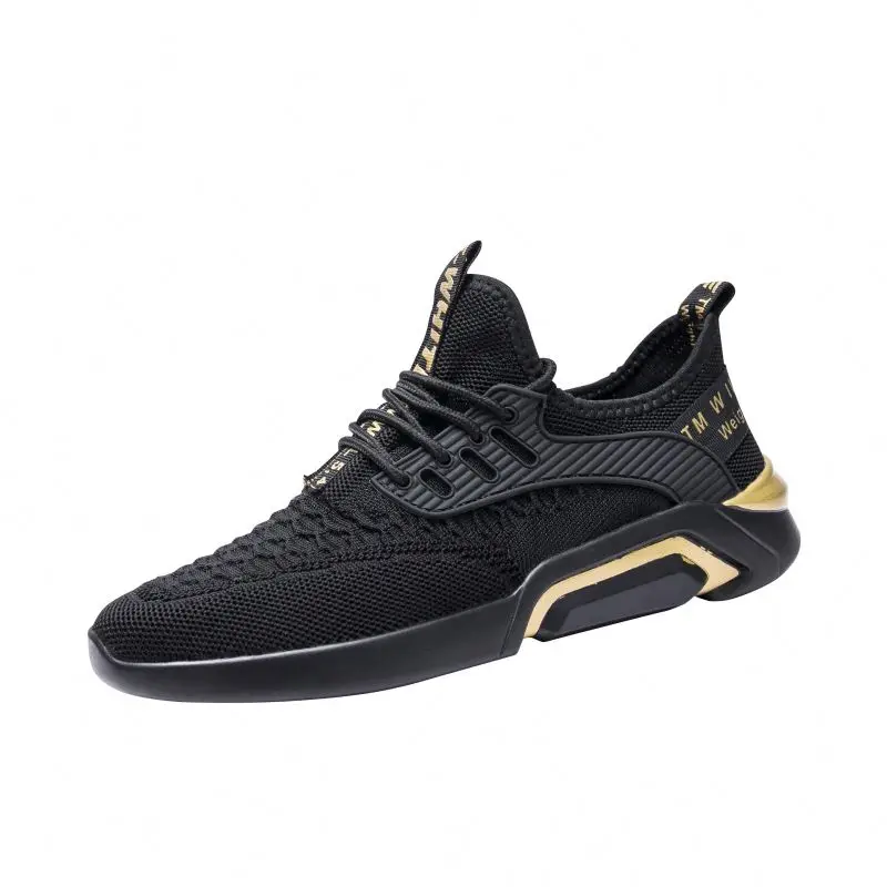 

Hot sale fly-knitted breathable shoes men mesh running sneakers casual shoes, Black/white,white,black/gold,black/red