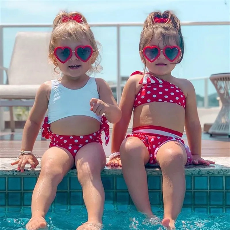 

Trendy Bowknot Swimsuit Two Pieces Irregular One Shoulder Polka Dot Bathing Suits Kids Swimwear Models