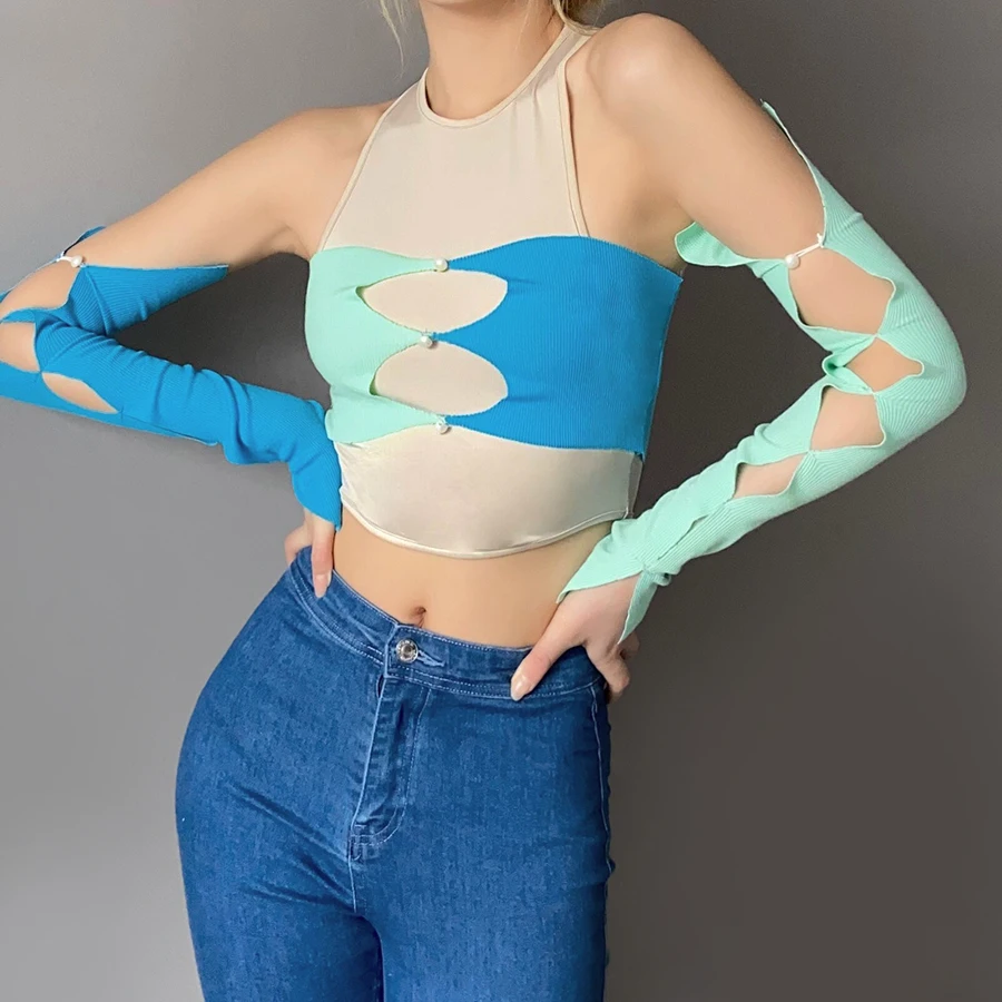 

Kliou K20S10359 Fashionable female hollow stitching button slimming stretch high street round collar T-shirt, Picture