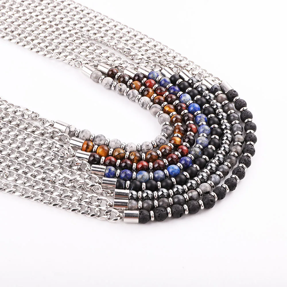 New Design Natural Stone Stainless Steel Chains BeadsNecklace For Men Jewelry JNK9355