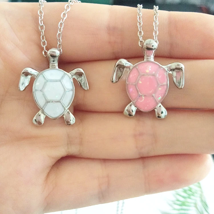 

Wholesale Cute Animal Turtle Pendant Shape White Fire Opal Necklace for Women
