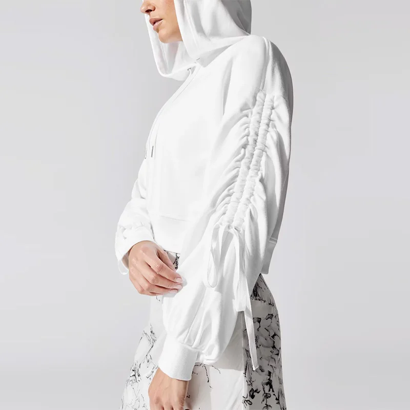 

High Quality Oversize Casual Side Striped Ruffle Women Pullover OEM Long Sleeves drawstring Hoodies Sweatshirts