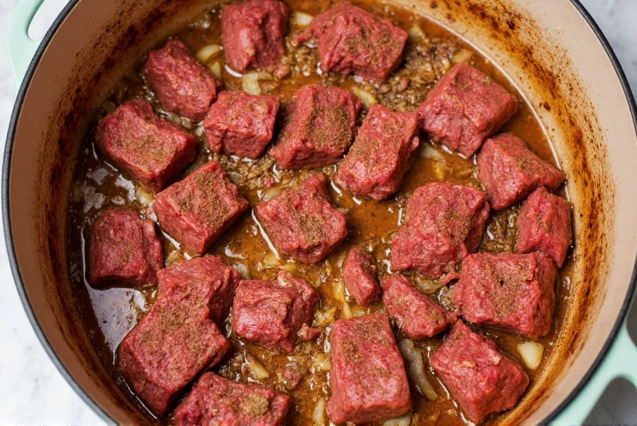 Steak chili recipe preparation showing seared beef cubes in Dutch oven with onions and spices