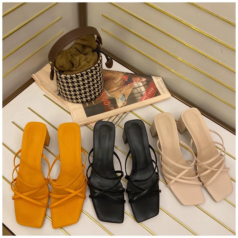 

High Heels Sandal Summer Outdoor Open Toe Slides Pumps Fashion Narrow Band Women Slipper Ladies Elegant, As pictures