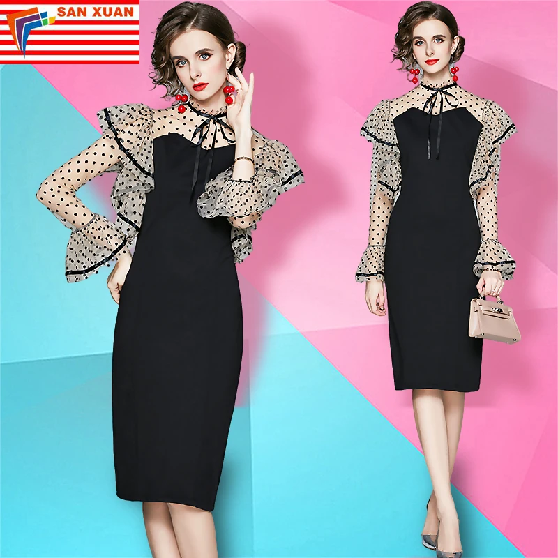 

In stock black slimming polka dot floral midi short sleeve fashion 2021 clothing summer dresses women lady elegant casual