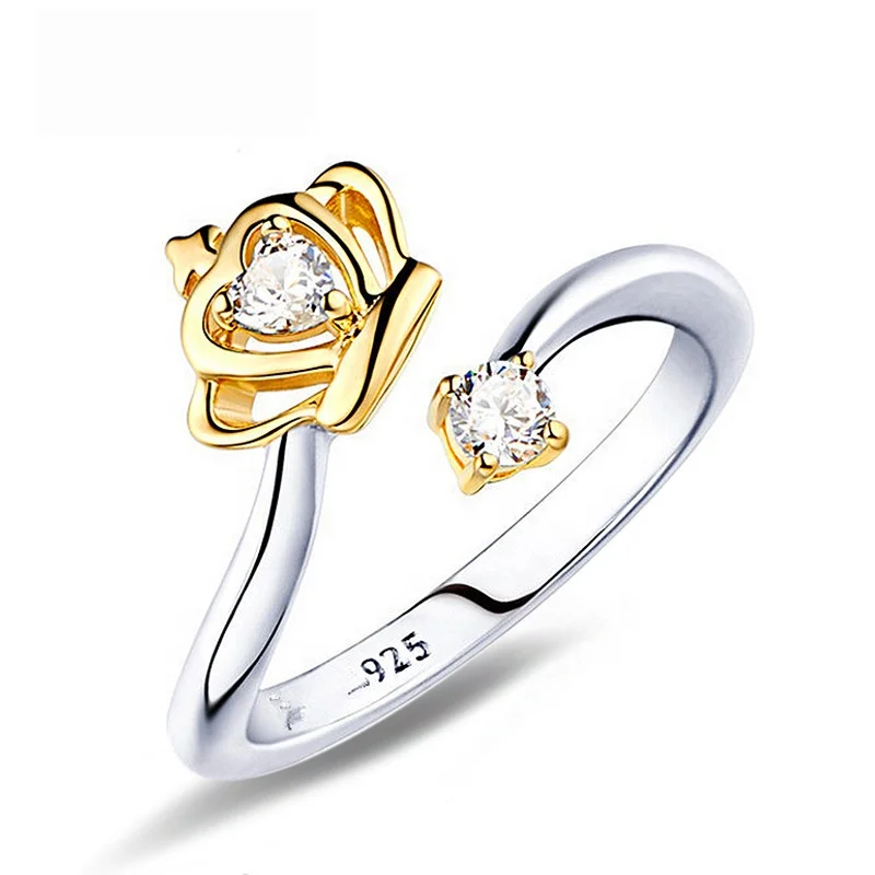 

Jiushang 925 Silver gold crown stainless steel diamond half open finger rings, Gold/sliver