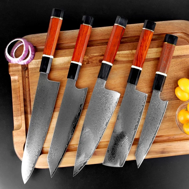 

Professional Chef Knife Set 67 Layers Japanese Damascus Steel Ultra Sharp Cooking Tools 5 Pcs Kitchen Knives Set