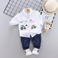 

Spring Autumn Kid Boy Outfit Set Long Sleeve Drive Machine White Shirt +Blue Striped Pants Fashion Toddler Boy 2 pcs Clothing