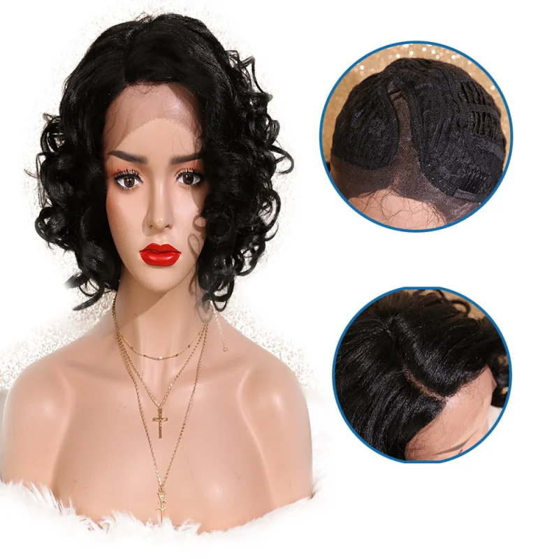 

Glueless Heat Resistant fiber front lace wig L part lace yaki style short curly high quality front lace wig wholesale