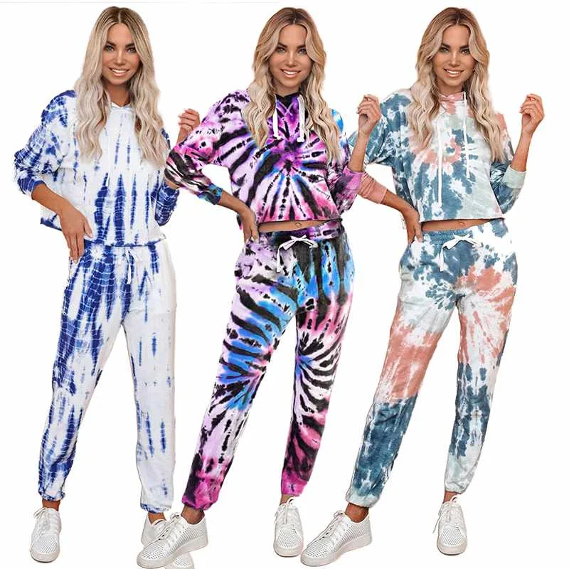 

Casual Tie Dye Crop Knit Two Piece Set Women Clothing Fall Hooded Clothing For Women
