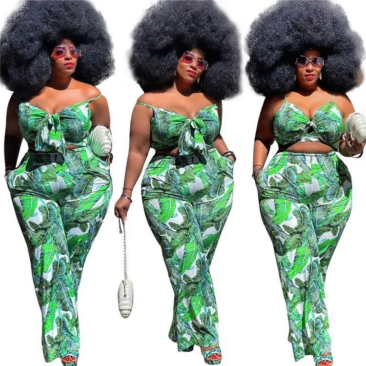 

2021 Spaghetti Strap Plus Size Women Clothing Two Piece Pants Set
