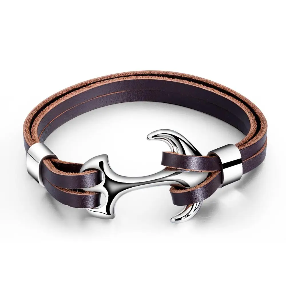 

Wholesale High Quality 316L Stainless Steel Genuine Leather Anchor Bracelet Brown For Men, Black brown