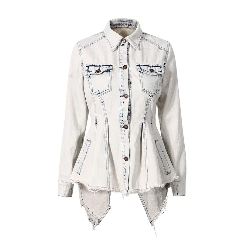 

Irregular Women Blouse Vintage Denim Woman Blouses Shirts Asymmetry Hollow Out Jean Tops Long Sleeve 2020 Fashion