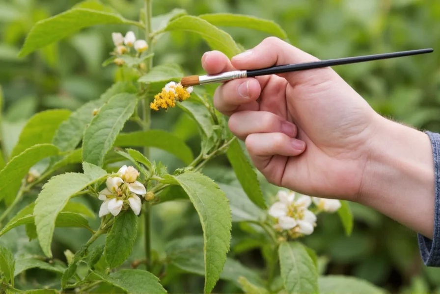 Gardener using small paintbrush to transfer pollen between white pepper flowers on plant