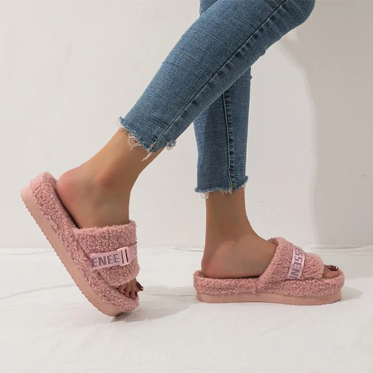 

Hairy shoes women's autumn and winter new style thick-soled wool slippers large size slides