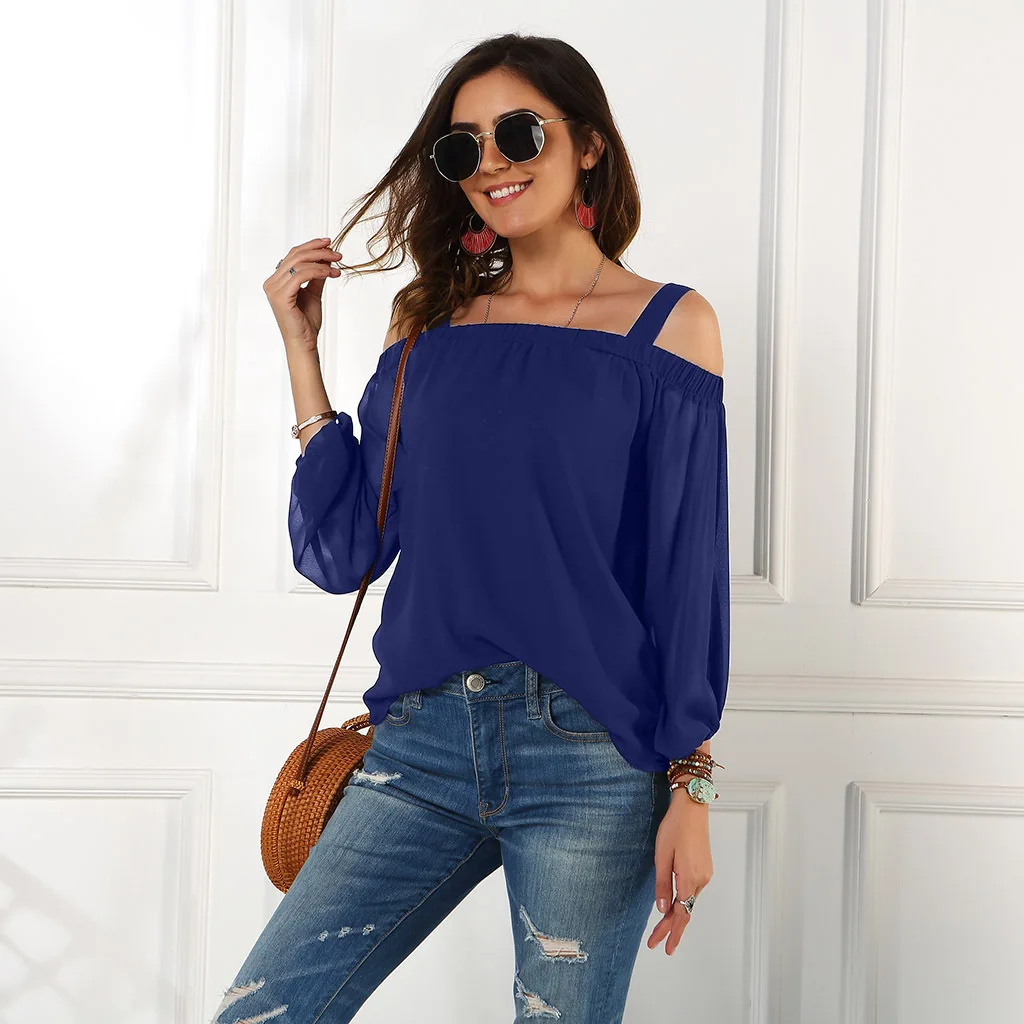 

2021 latest women's spring and summer one-shoulder strap long-sleeved chiffon shirt, Black, purple, blue