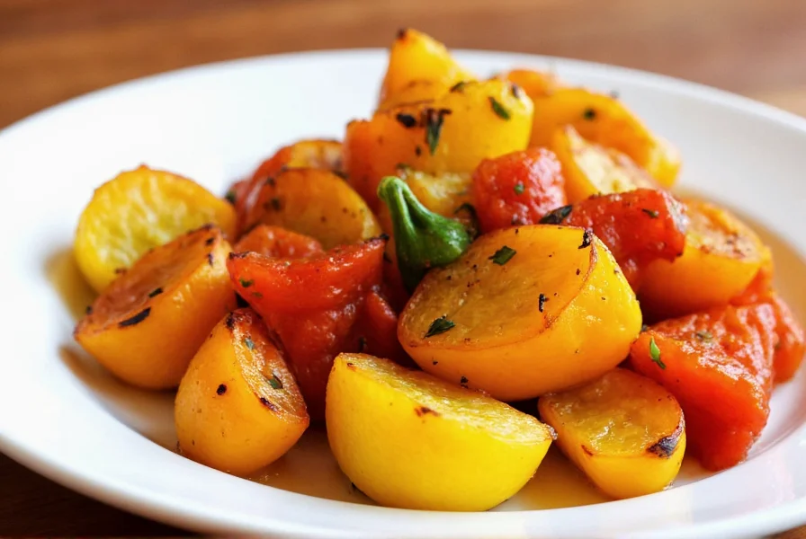 Colorful roasted pepper squash with herbs and spices on white plate, showing finished dish presentation