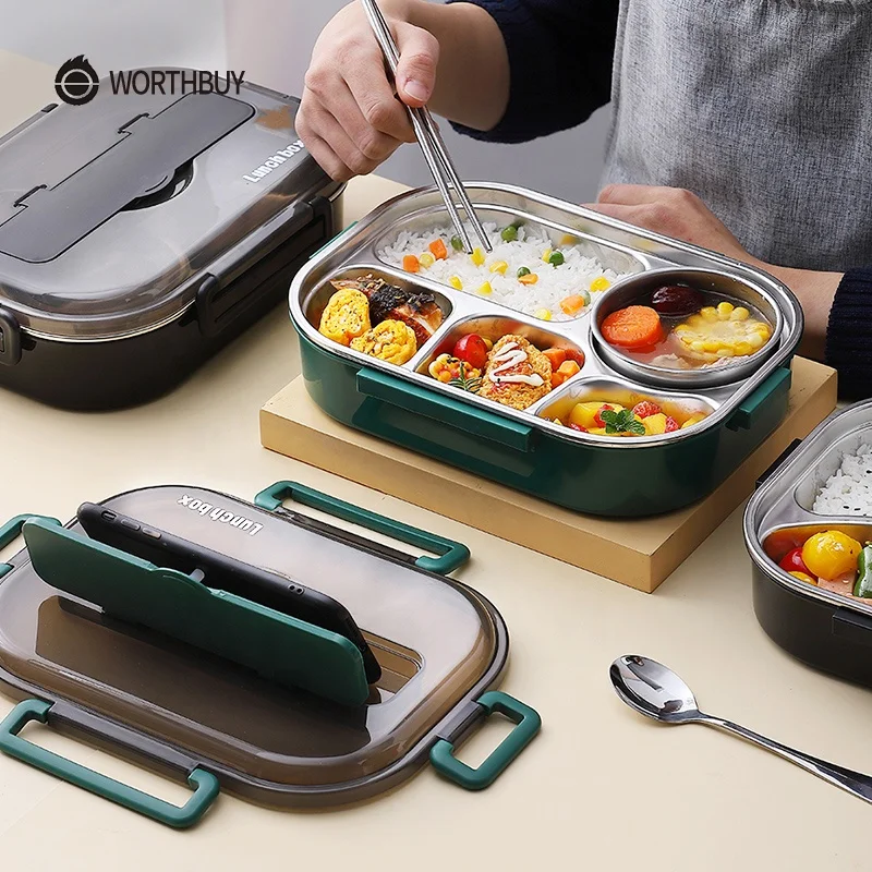 

WORTHBUY Portable Cute Japanese Thermal Lunch Box Leakproof For Food Stainless Steel Bento Box Kids School Picnic Food Container, Black, dark green