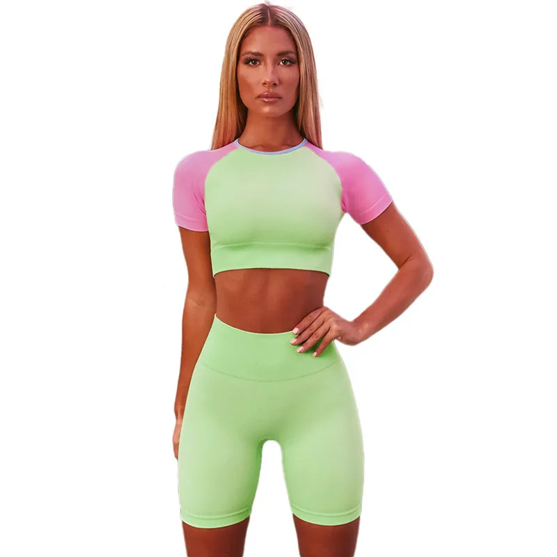 

Newest Candy Color Short Sleeve T-Shirts Shorts 2 Pieces Yoga Set Sexy Tight Fitness Clothing Sportswear Sets, 6 colors