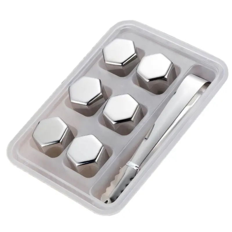 

High Quality Hexagon Shape Metal Whisky Chilling Stones Christmas Gift Stainless Steel Ice Cube Barwear Tools, Slivery