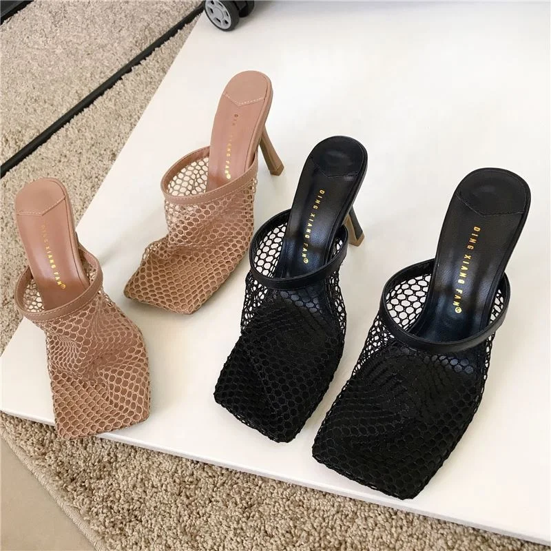 

2021 Square Toe Sandals RTS Product Famous Brand Designer Mesh Pumps Ankle Gold Luxury Heels for Woman, Black, apricot